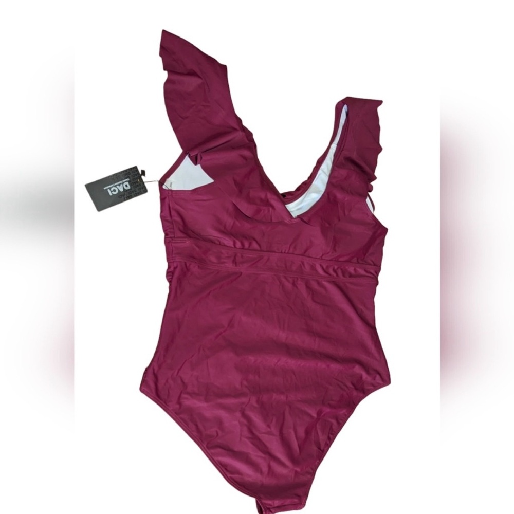 🔵”NWT” Elegant MAROON Ruffle One-Piece Swimsuit - Picture 2 of 13